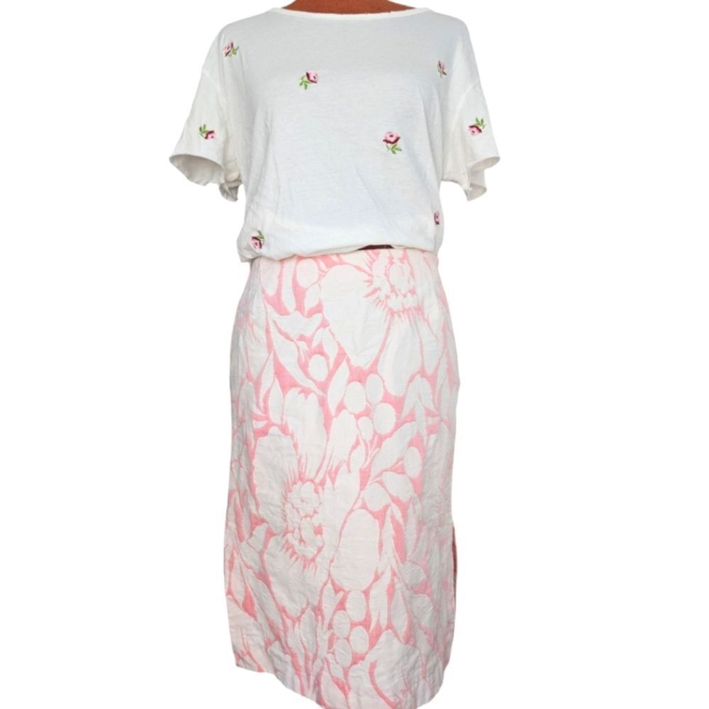 J. Crew Cotton Brocade Pink White Skirt with Slits Size 6 Medium